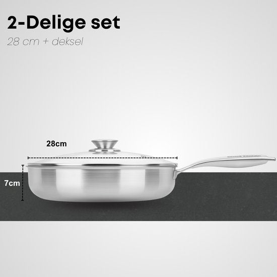 Poêle Savoré Kitchen 28 cm avec couvercle – Compatible induction – Poêle à sauter en acier inoxydable – Sans PFAS