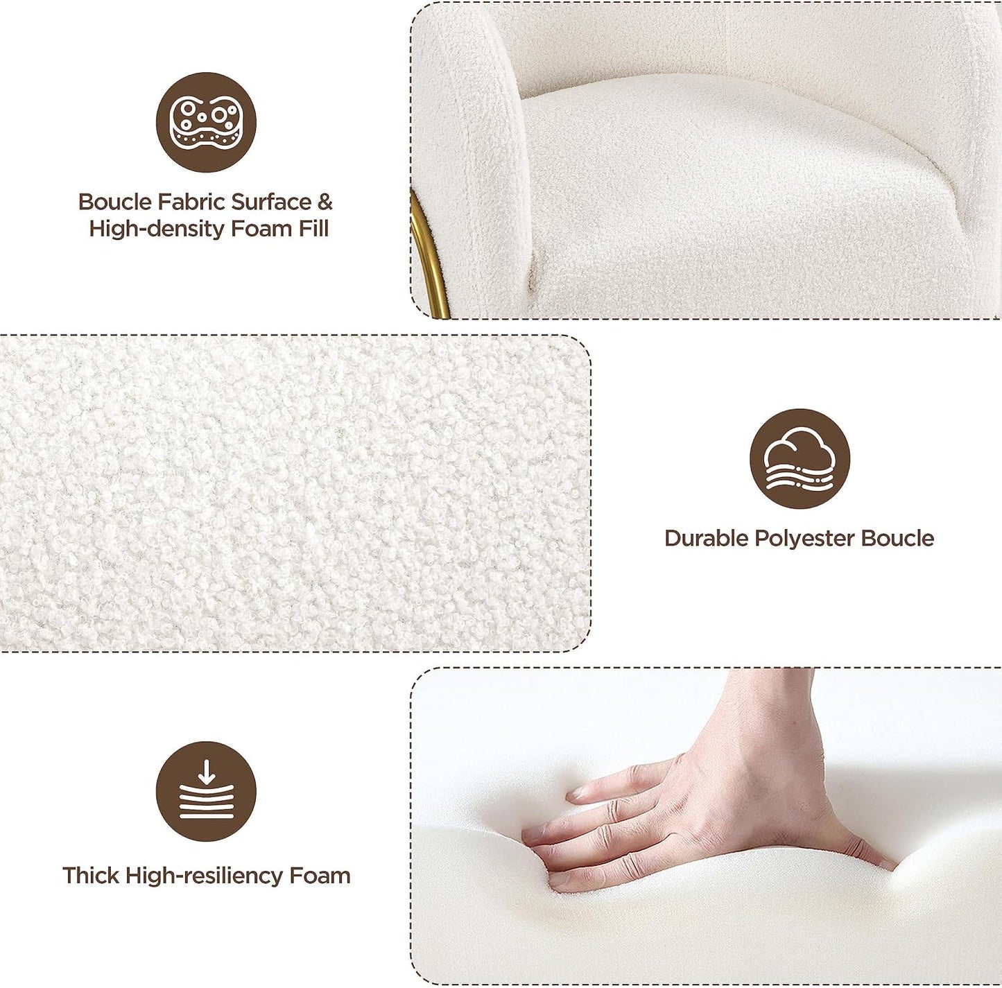 Yaheetech : fauteuil d'appoint de luxe de style « barrel », en bouclé - pieds en V dorés - ivoire - 69 x 69 x 72 cm