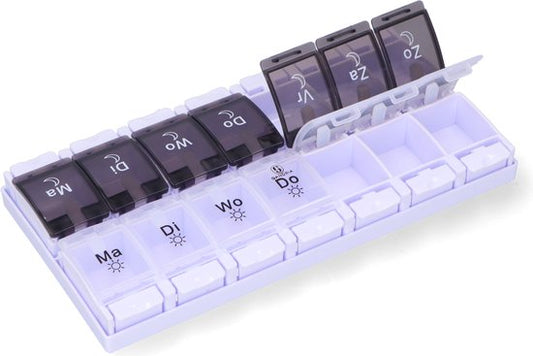 Boîte à pilules Gandria 7 jours - Boîte à pilules - Boîte à pilules avec 14 compartiments - Boîte à médicaments avec fermeture solide - Grands compartiments - Noir/Blanc