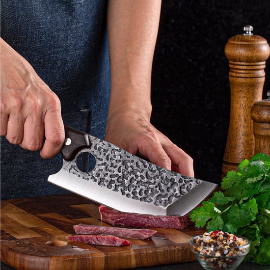 Couteaux T&M Couteau à découper martelé avec trou laser - Couteau de cuisine - Couteau à viande - Tranchant comme un rasoir - Etui en cuir et boîte cadeau de luxe
