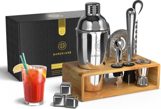 BarDeluxe® Cocktail Set - 13-Piece - Cocktail Shaker 750 ml with Bamboo Stand, Recipe Book & Whiskey Stones - Luxury Gift Package
