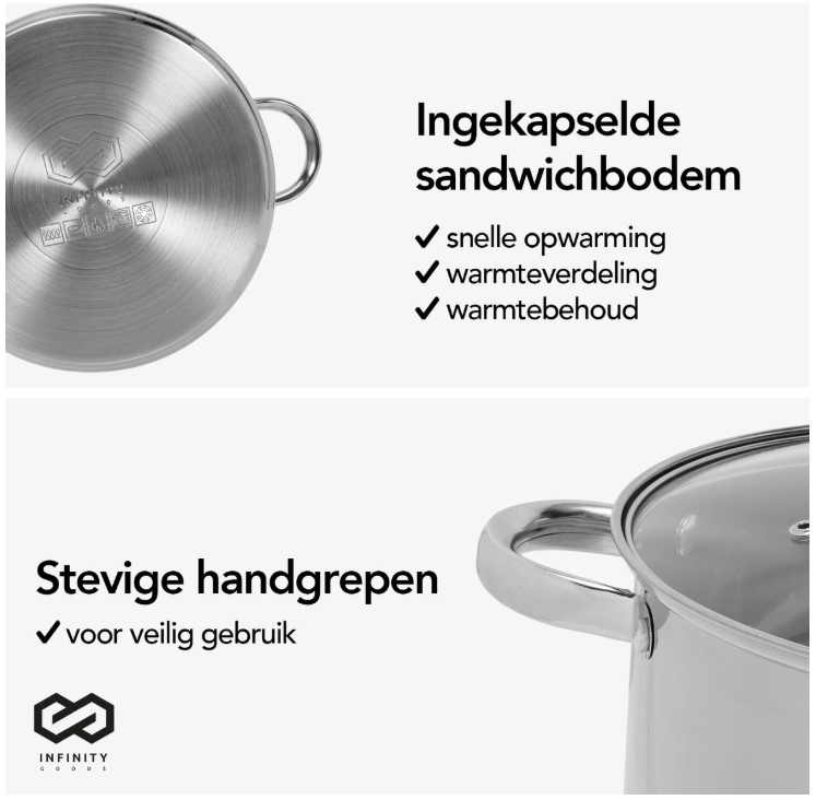 Infinity Goods Faitout - Couvercle en verre - 16.5L - 30 CM - Induction Gaz Céramique - Lavable au lave-vaisselle - acier inoxydable