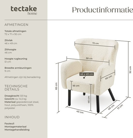 tectake® - Fauteuil Vänersborg - Fauteuil relax épais avec revêtement bouclé - Fauteuil lounge avec accoudoirs larges et dossier ergonomique - Pieds réglables en hauteur avec protection du sol - Beige/crème