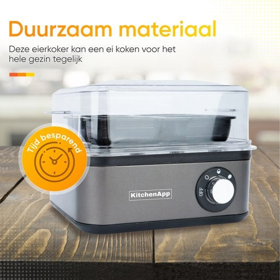 KitchenApp Chaudron à oeufs électrique - Convient pour 8 oeufs - Avec minuterie - Inclut un gobelet gradué - Gris argenté