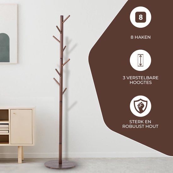 Bayt Porte-manteau - Porte-manteau sur pied - Porte-manteau en bois - Porte-manteau - 8 crochets - 175 cm - Marron
