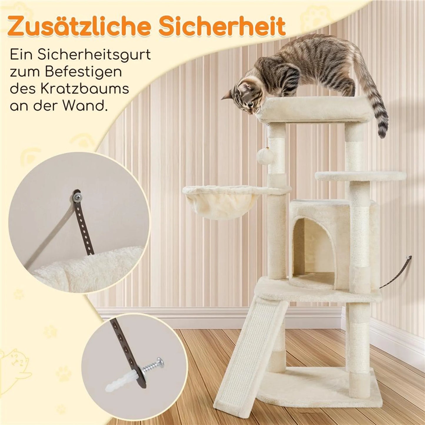 Yaheetech Griffoir moyen - 43,5 x 43,5 x 106 cm - avec plateforme d'observation généreuse, hamac et panier à chat avec 5 tiges en sisal - pour chatons et chats de taille moyenne - peluche beige et panneau d'aggloméré