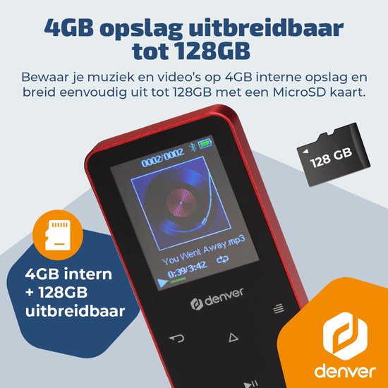 Lecteur MP3/MP4 Denver - Bluetooth - Lecture aléatoire/Répétition - Carte SD jusqu'à 128 Go - Écouteurs inclus - Dictaphone - MP1830R - Rouge