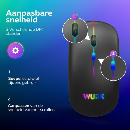 Wurk Wireless RGB Mouse - Rechargeable - Bluetooth 4.0 - 2.4GHz - USB - Sans fil - Souris d'ordinateur - Ordinateur portable - PC - Noir