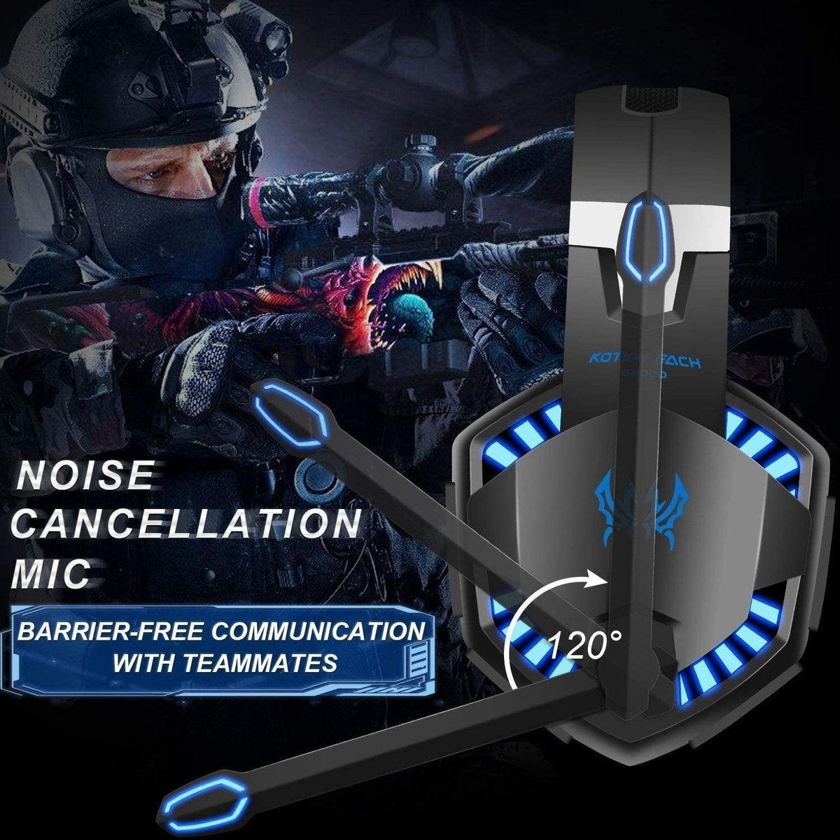 KOTION Casque de jeu EACH G2000 - Noir/Bleu - Convient pour PS5, Xbox Series X, Windows et Switch