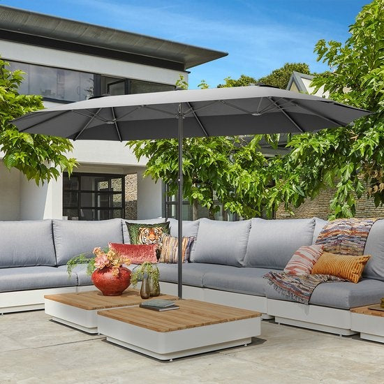 LifeGoods Parasol double - 270x460cm - jusqu'à 15 personnes - imperméable - avec housse - Gris foncé