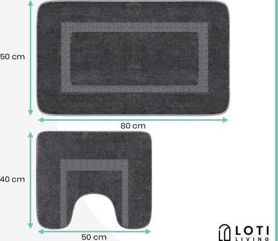 Loti Living Tapis de bain avec tapis de toilette antidérapant - Tapis de douche - Tapis de salle de bain - Tapis de sol - Tapis de bain avec tapis de toilette - Tapis de bain antidérapant - Gris - 50x80 cm + 50x40 cm