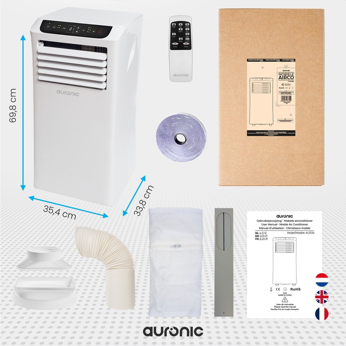 Climatiseur mobile - Auronic - 4 modes - Avec télécommande et kit de calfeutrage de fenêtre - Convient pour une superficie de 15-35 m2 - 10 000 BTU - Blanc