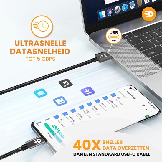 Drivv. Câble USB vers USB C - Chargeur rapide - Câble de données et de charge USB C - 2 mètres - Convient à Samsung, iPhone 15 et autres - Gris moderne