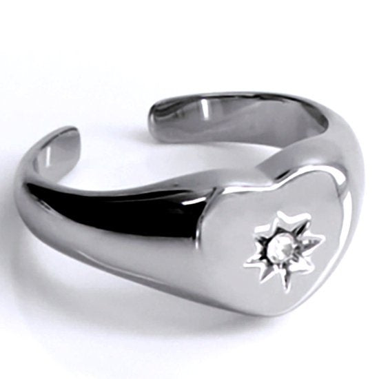 Laura Ferini Bague femme ajustable Lana argent - Bague sceau avec cœur et cristal de zirconium - Bijoux femme argent - Acier inoxydable étanche - Bijoux en acier inoxydable - Accessoires