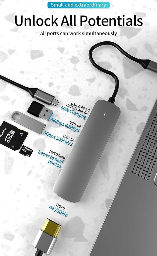 Fuegobird 6 in 1 USB-C HUB - USB3.0 + SD/TF + HDMI + USB-C - Voyant lumineux
