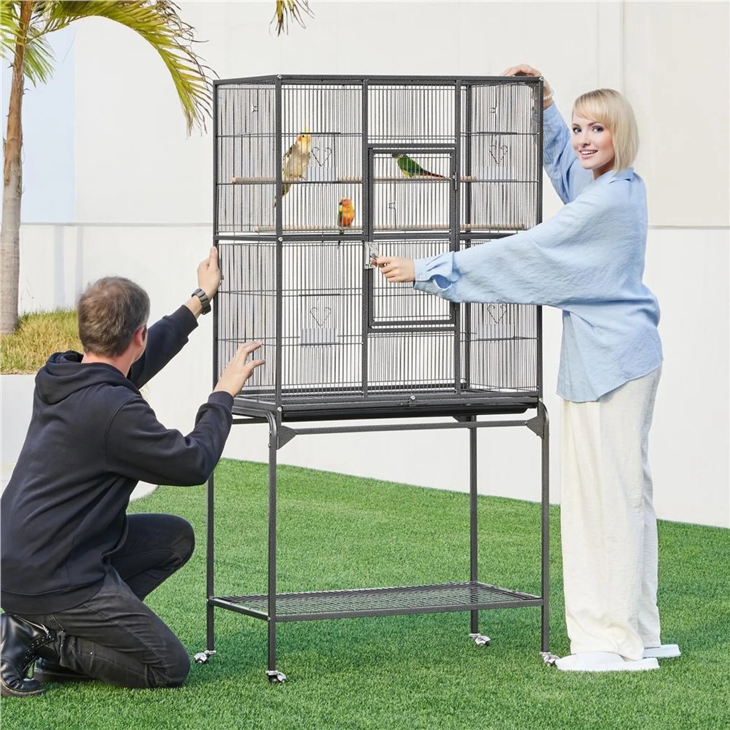 Yaheetech Cage à oiseaux avec base mobile - équipée d'une cage amovible, de six portes d'accès et d'une étagère de rangement - pour perruches et perruches faucons - métal noir martelé - 81 x 47 x 160 cm