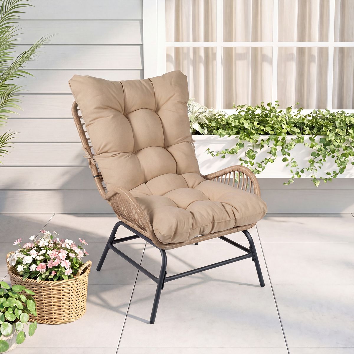 Chaise de jardin Coast Rotan - design ergonomique - avec coussin épais - beige - 1 pièce