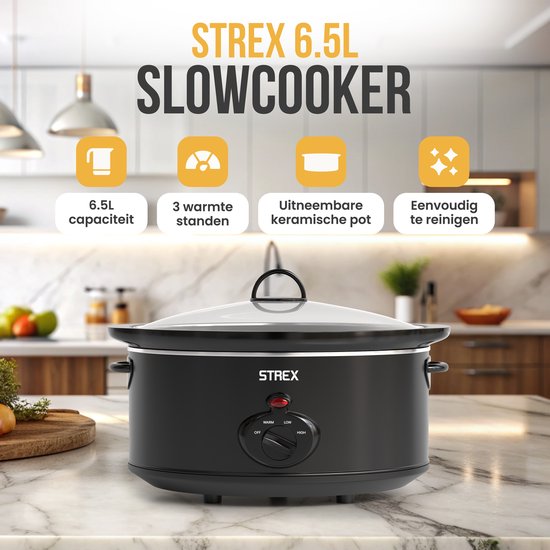 Mijoteuse Strex 6.5L - Cuve intérieure amovible en céramique - Fonction maintien au chaud - Mijoteuse - Noir