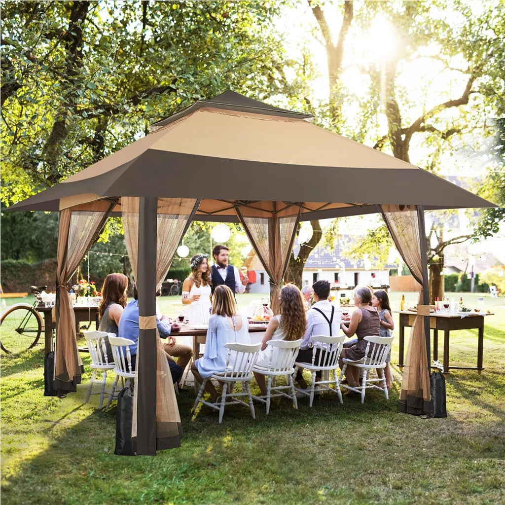 Yaheetech Party Tent - 4 x 4 m - pliable - pavillon de jardin - parois en filet - réglable - 271-291 cm - kaki/brun