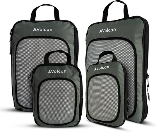 Cubes de compression Volcan - Organiseur de valise - Lot de 4 - Avec fermetures à glissière de compression - Pour sac à dos et valise - Vert botanique