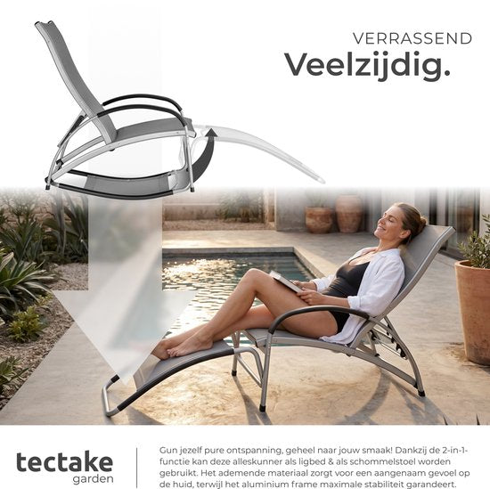 tectake® Transat Avignon - Transat réglable 2-en-1 - Fauteuil à bascule d'extérieur - Structure résistante aux intempéries et tissu imperméable et respirant - Fauteuil de jardin - Fauteuil de balcon - 195 cm de long - Anthracite