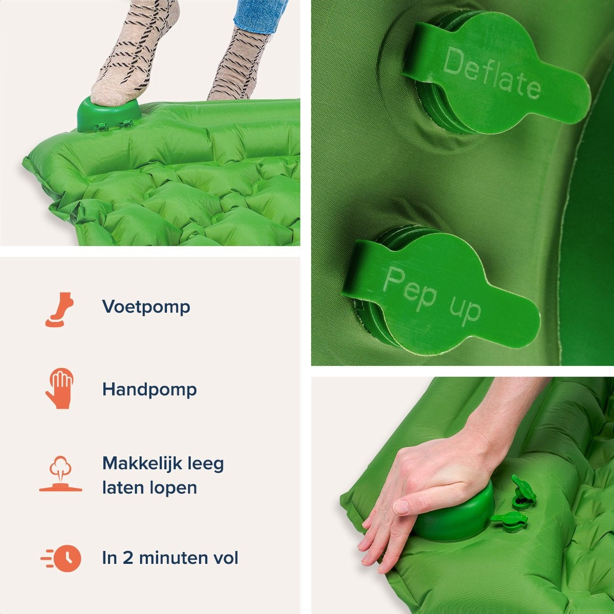 Matelas de couchage TRVLMORE - autogonflant - 1 personne - Pompe et oreiller intégrés - Vert