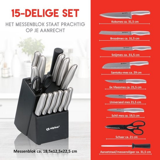 alpina Set de couteaux - Bloc de couteaux - 15 pièces - acier inoxydable - Noir/Argent