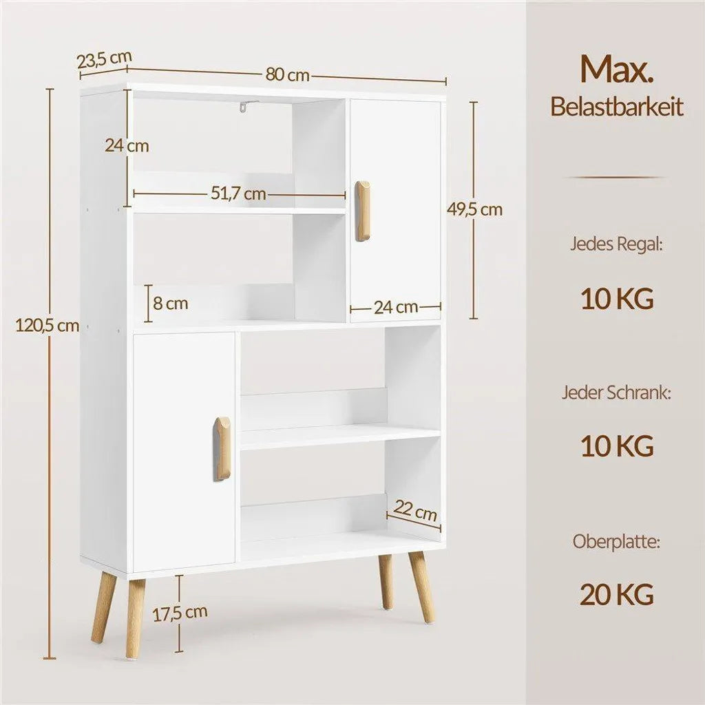 Bibliothèque Yaheetech 80 x 23,5 x 120,5 cm - Blanche - Meuble de rangement avec 2 portes et 4 compartiments ouverts