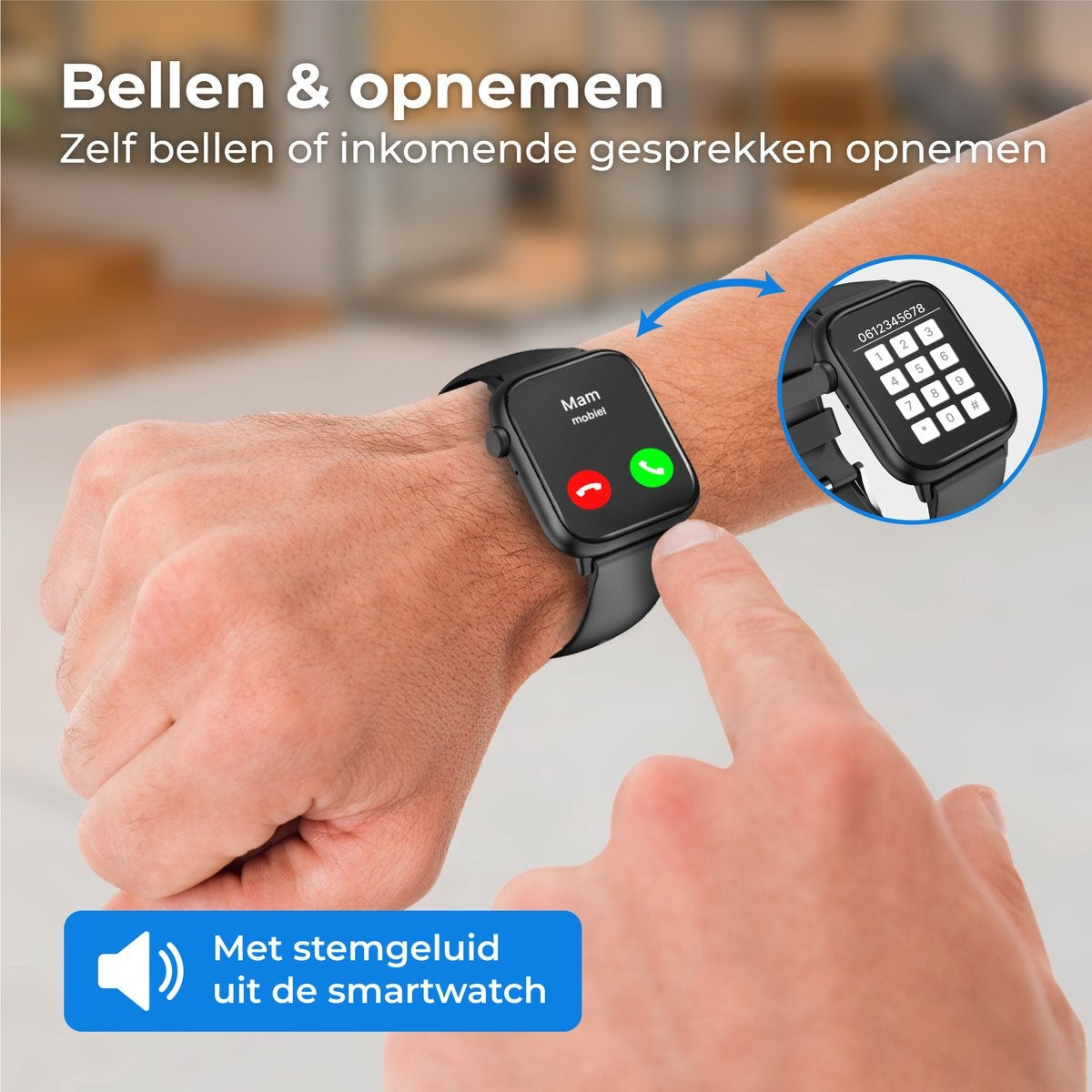 Nuvance - Smartwatch Homme et Femme - 45mm - pour iOS et Android - podomètre et moniteur de fréquence cardiaque - étanche - noir