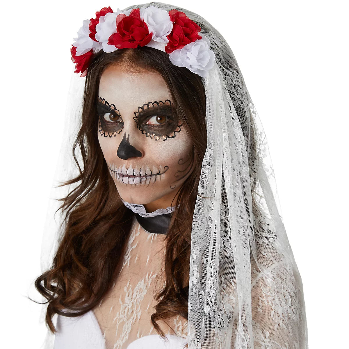 DressForFun : costume de mariée squelette effrayant pour femme – avec col montant en dentelle, bonnets rembourrés et voile – pour Halloween et le carnaval – polyester noir et blanc – taille S