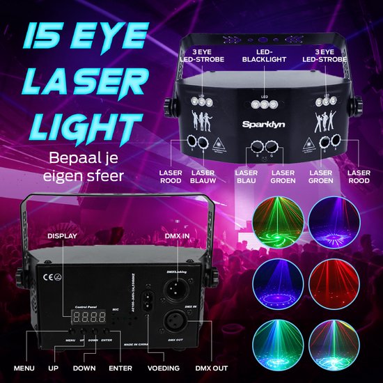Laser disco professionnel Sparklyn avec 15 projecteurs - 120 combinaisons lumineuses - Télécommande - Contrôlable via DMX - Lampe disco - Noir