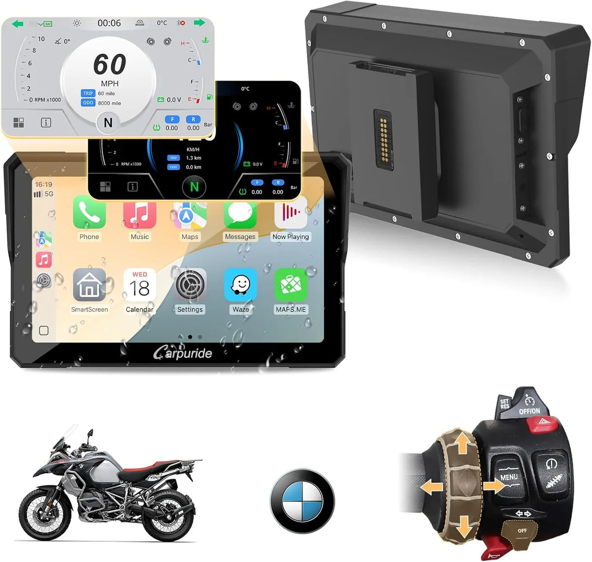 Écran CarPlay pour moto Carpuride W702BS Pro 7 pouces - BMW Wonderwiel - CarPlay et Android Auto sans fil - Étanche - Noir