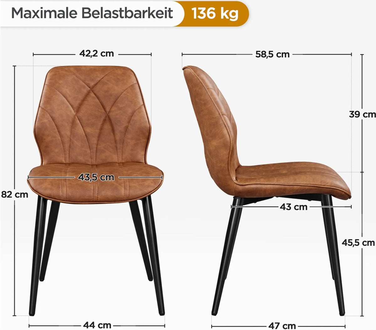 Lot de 2 chaises de salle à manger à dossier haut et pieds en métal, en similicuir marron rouille