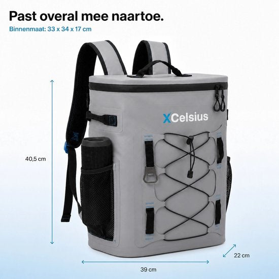 Sac à dos isotherme XCelsius® 20 litres – Sac à dos isotherme avec 2 blocs réfrigérants et un décapsuleur – Au moins 24 heures de fraîcheur – 100 % étanche – Sac à dos isotherme pour la plage, les festivals, le bateau et le camping – Gris