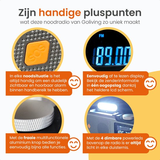 Radio d'urgence Goliving - 17 x 9 x 4 cm - Radio portable - Powerbank solaire rembobinable - Lampe de poche rechargeable - Réveil numérique - Bluetooth - 10000 mAH - 80 dB - Noir