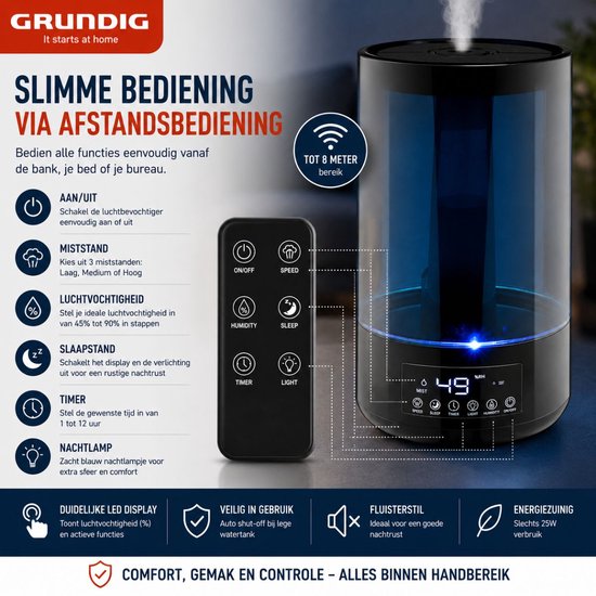 Humidificateur Grundig HD-1903A - Humidificateur à ultrasons 4,3 L - avec minuterie et veilleuse - Télécommande incluse - Noir