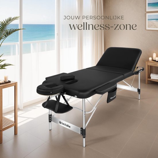 table de massage tectake® 3 Zones - Table de traitement avec sac de transport - matelas de 5 cm d'épaisseur - châssis en aluminium - largeur 78 cm - capacité de charge 230 kg - 15 appuis-tête inclus - noir