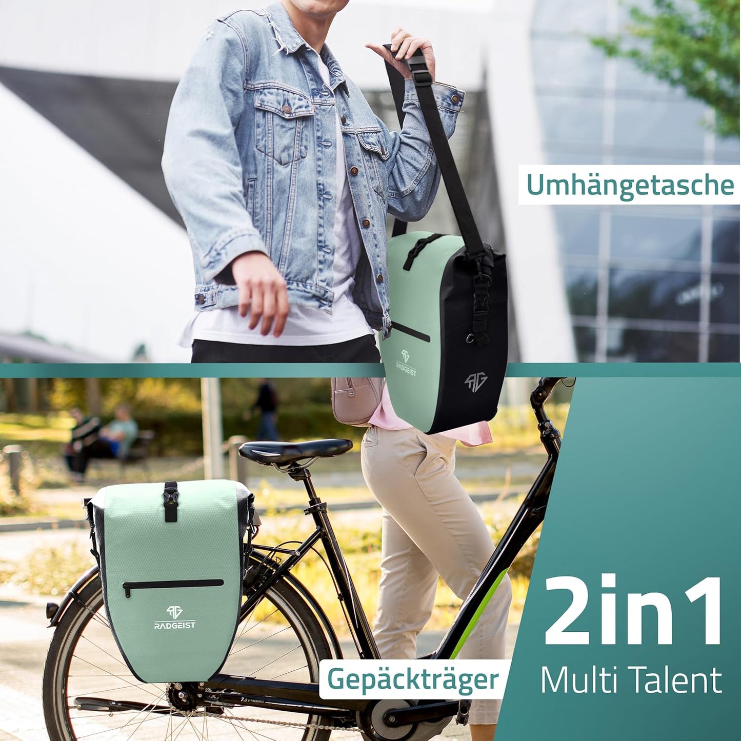 RADGEIST sacoche de vélo pour porte-bagages - 2X sacoche pour porte-bagages - sac à bagages étanche et sac à bandoulière - sacoche de vélo avec réflecteurs