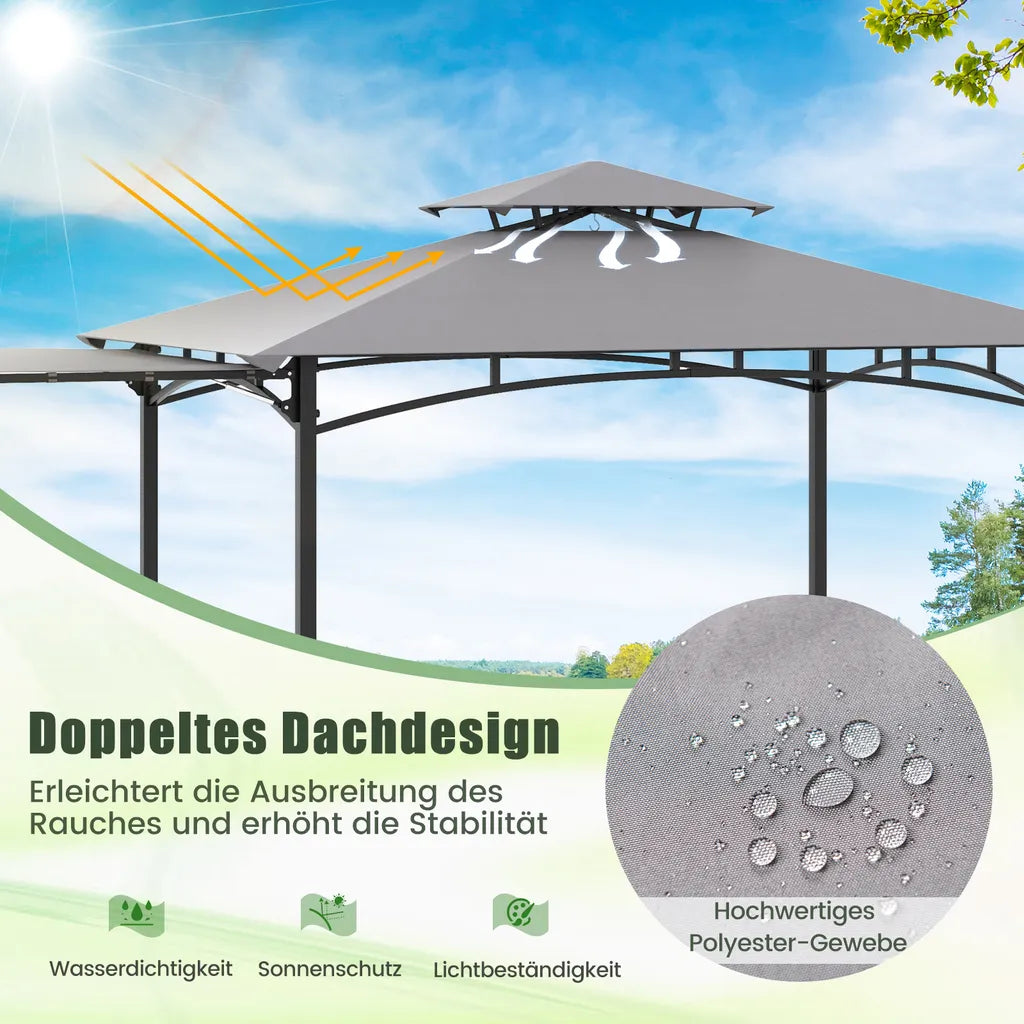 Pavillon de barbecue Coast résistant aux intempéries 318 × 153 × 250 cm – Abri pour barbecue avec auvent latéral, double toit, tables latérales, crochets et décapsuleur – Gris/Noir