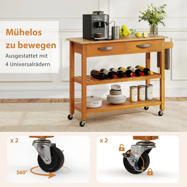 Coast Kitchen Trolley Wood - Étagère de cuisine mobile avec 2 tiroirs et 2 étagères - 106 x 43 cm