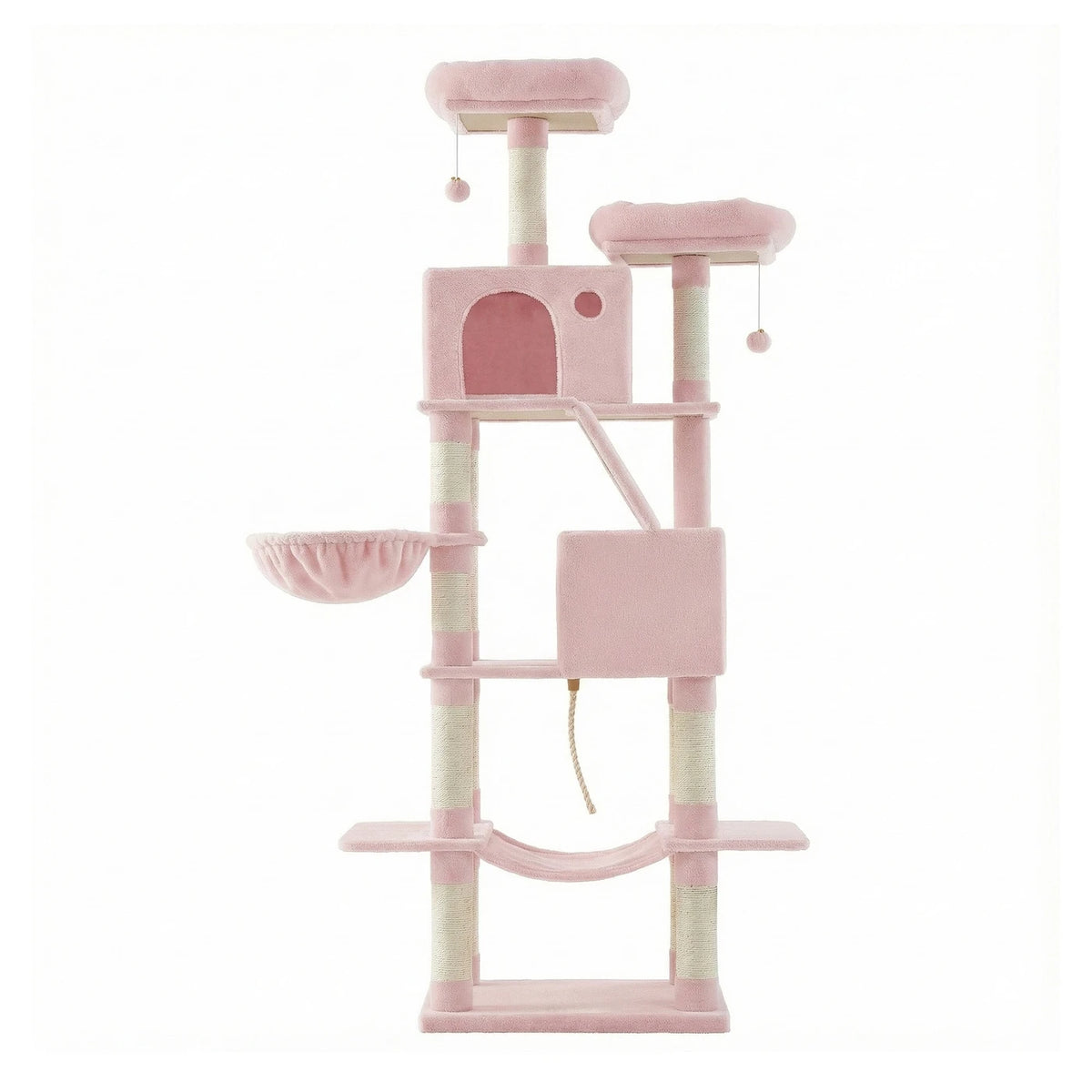 Joyfurnos Arbre à chat 206 cm - Tour pour chat XXL avec 13 poteaux à griffer, 2 maisonnettes et un hamac - Rose