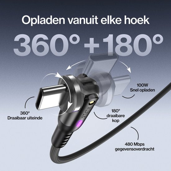 Câble USB-C vers USB-C Statik PowerPivot Pro, 2 m - 100 W - Transfert de données à 480 Mbps - Tressé en nylon - Noir