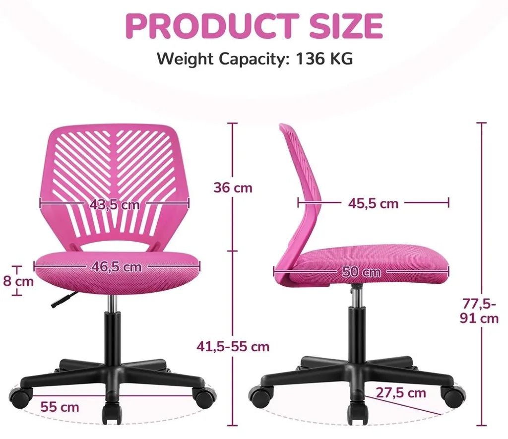 Chaise de bureau réglable Yaheetech 50 x 55 x 79-92 cm - Rose - Chaise pivotante sans accoudoirs