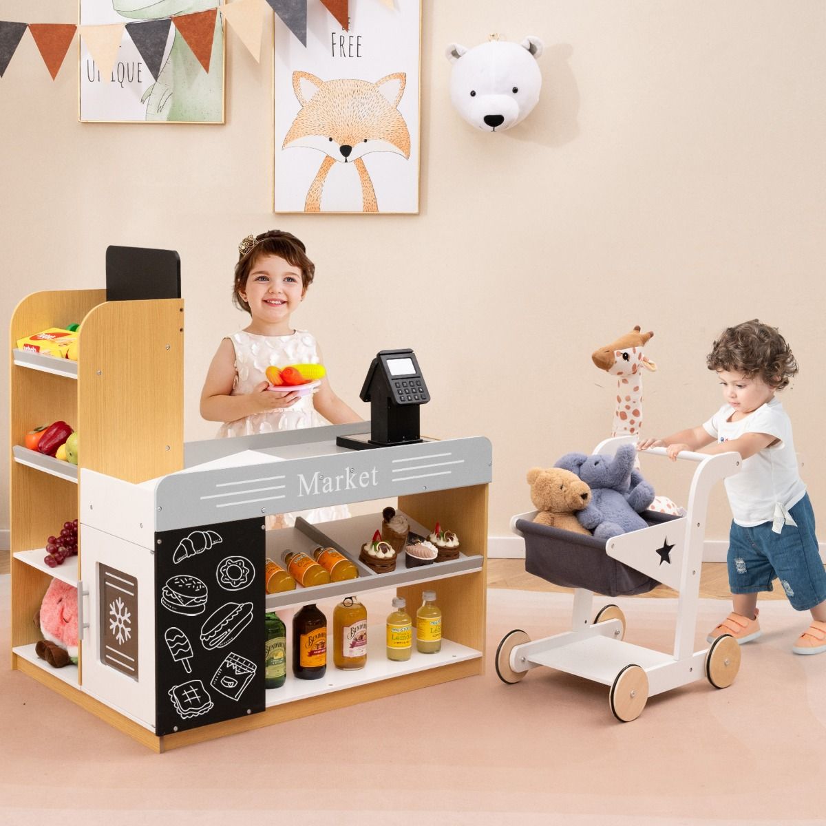 Ensemble de jeu « Coast » en bois sur le thème du supermarché pour enfants - Avec caddie et caisse - Avec tableaux noirs - Multicolore