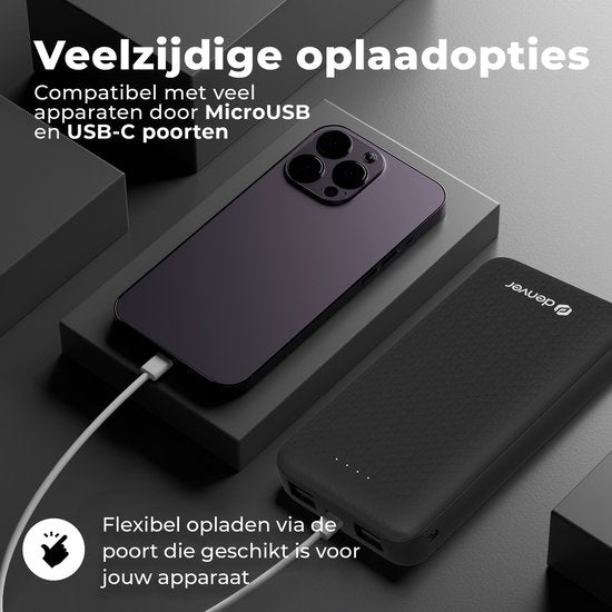 Denver Powerbank 10000 mAh - Avec indicateur de batterie - USB - Micro USB - Powerbank universel pour Apple iPhone / Samsung, entre autres - Noir - PBS10010B