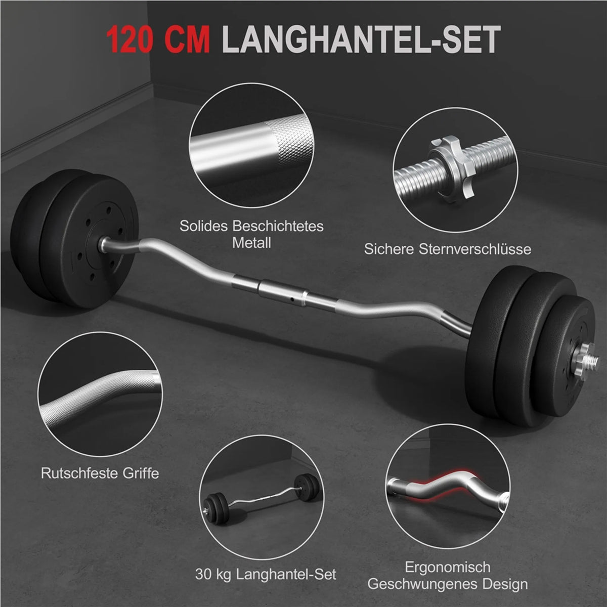 Yaheetech EZ-curl Dumbbell Set 30 kg - équipé d'une barre de curl chromée et de 6 disques de poids en béton et de verrous - pour la musculation et le développement musculaire - métal noir, plastique et béton - 120 x 26 x 26 cm