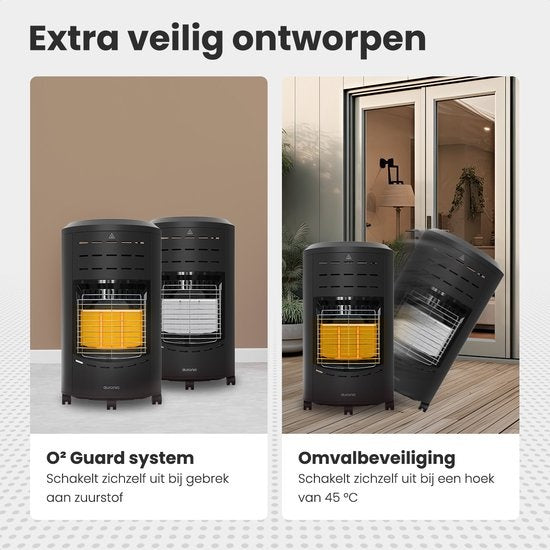 Réchaud à gaz mobile Auronic - avec roues - jusqu'à 60 m² - avec détendeur et tuyau de gaz - avec housse de rangement - noir