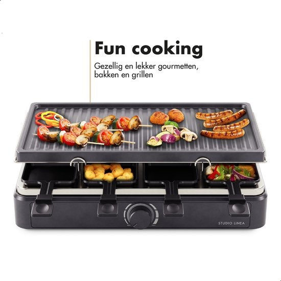 Studio Linea SLGRILL30BK Set Gourmet - 8 personnes - 1400 W - Poêles et plaque Gourmet avec revêtement antiadhésif - Raclette