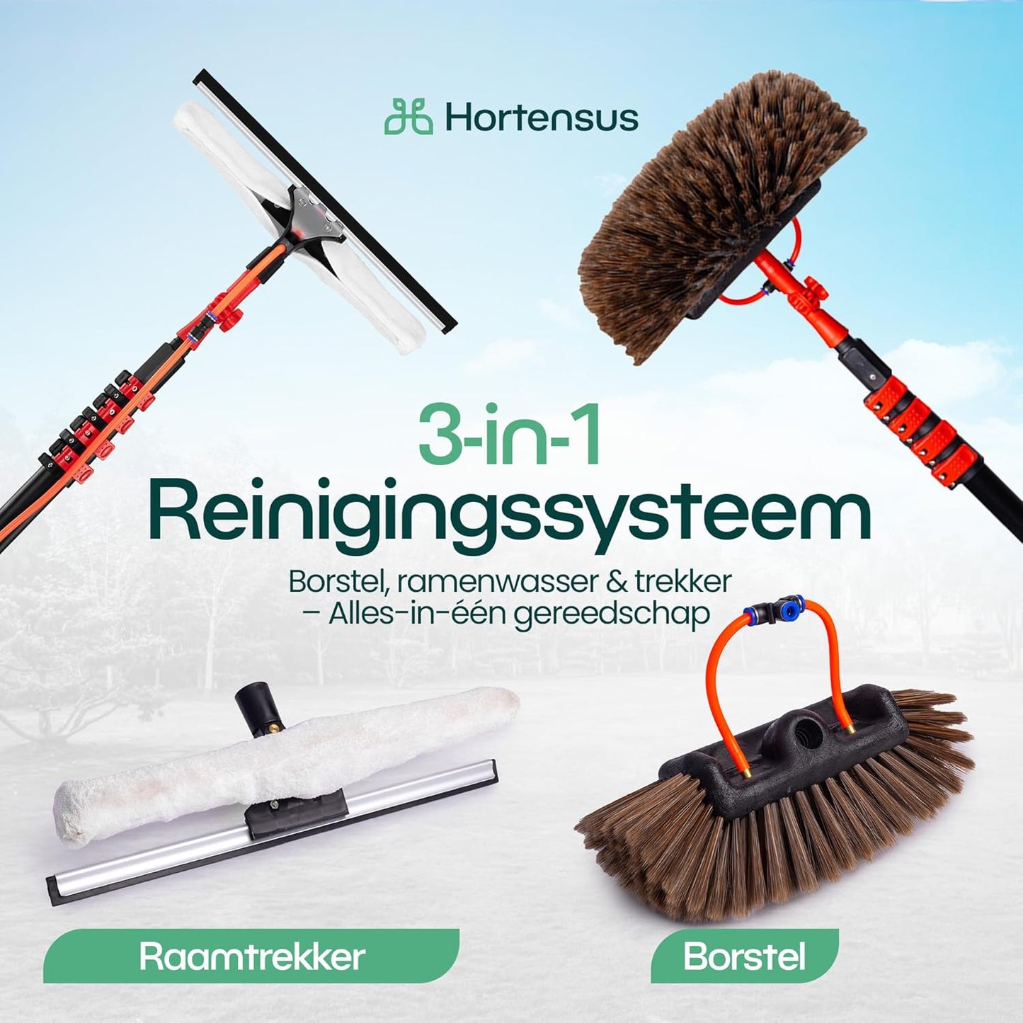 Brosse de lavage télescopique Hortensus - Avec raccord d'eau et distributeur de savon - 6.5M de long