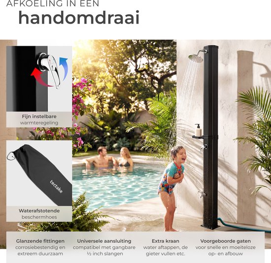 Douche d'extérieur tectake® - Solaire - 35 L - Eau chaude jusqu'à 60 °C - Avec housse de protection et porte-savon - Raccord pour tuyau d'arrosage - Douche de jardin avec grande pomme de douche réglable et robinet au pied - Douche solaire - Douche de camp